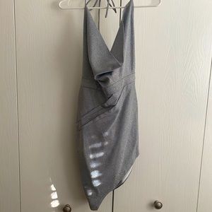 Asymmetrical draped silver dress